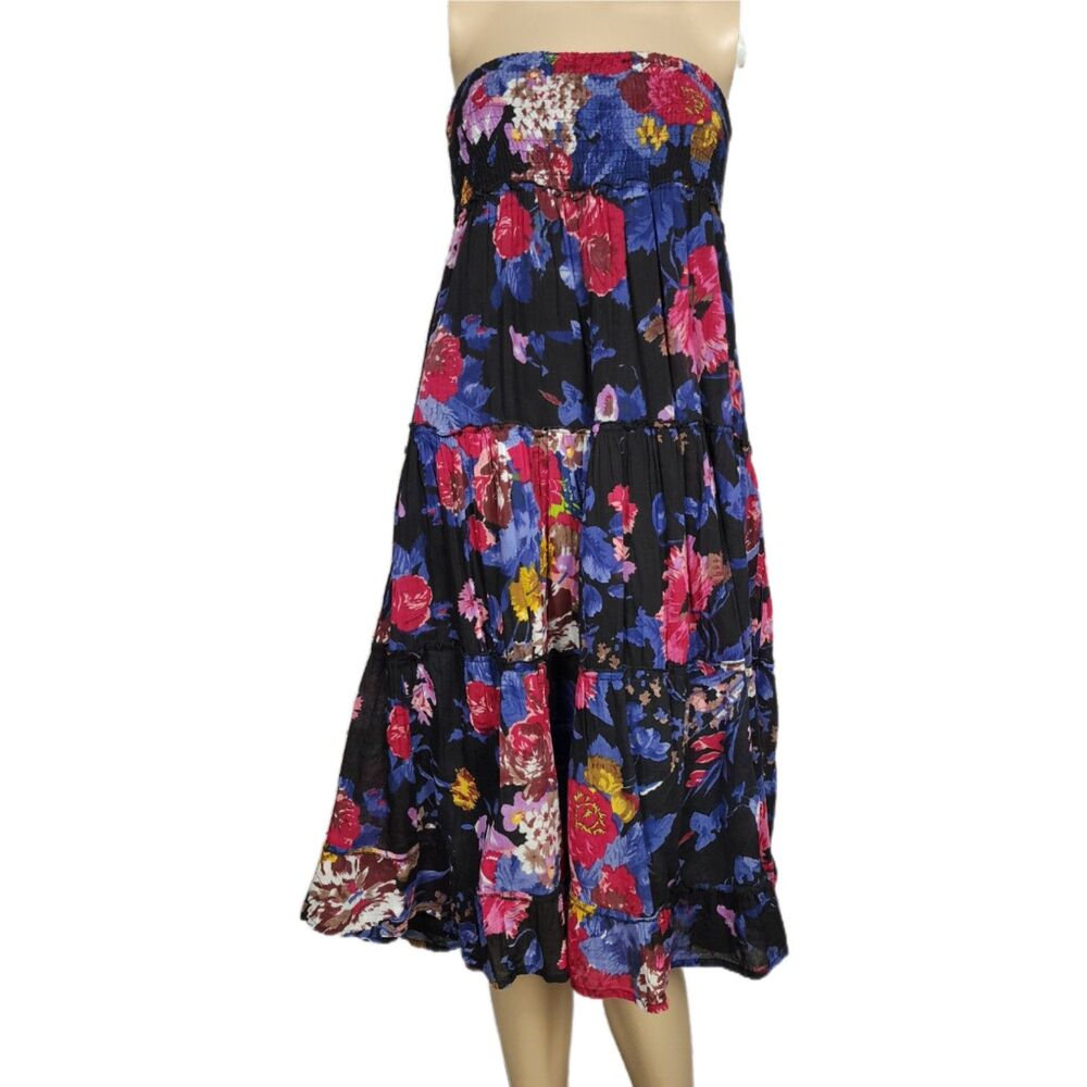 Vintage Coline Floral Tiered Smocked Tube Dress Black - Small Medium (Estimated)